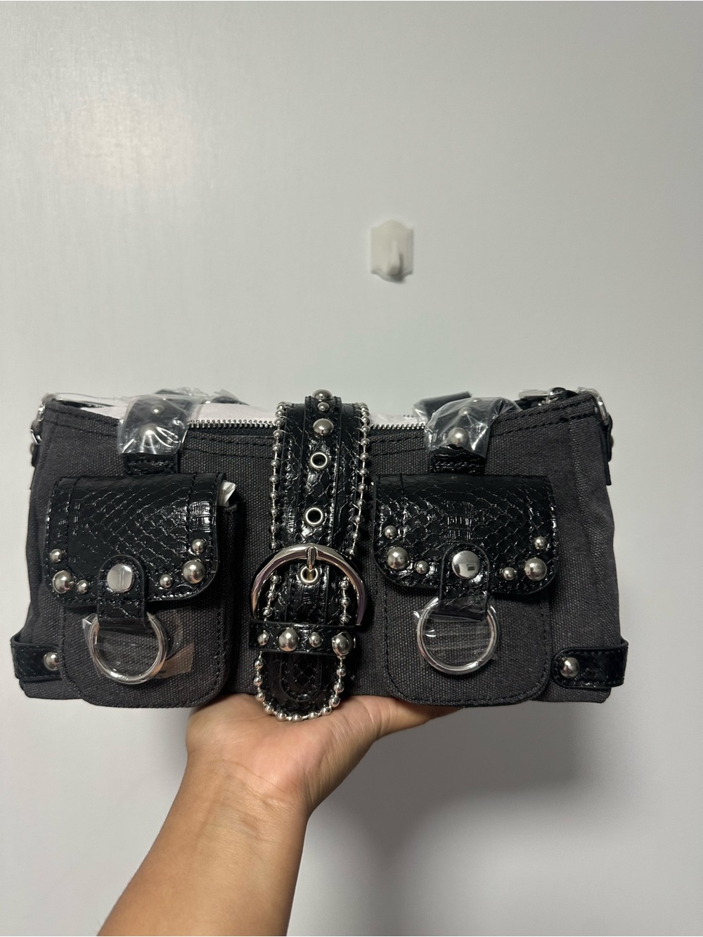 Black Canvas Shoulder Bag with Studded Buckle